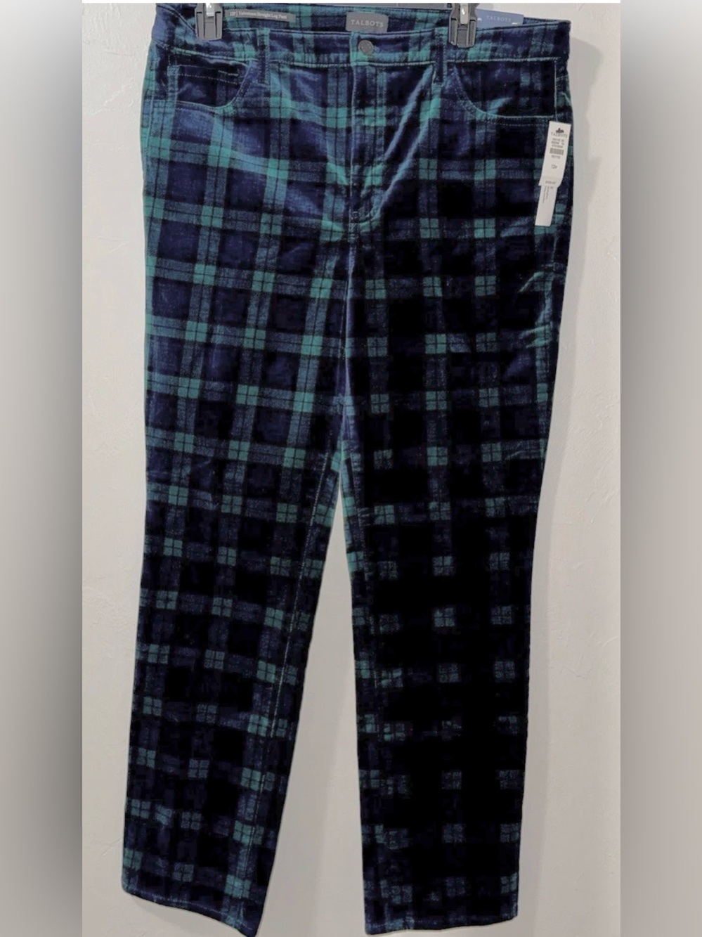 Talbots NWT Women’s 12P Black Watch Plaid Velveteen Slimming Straight Leg Pants
